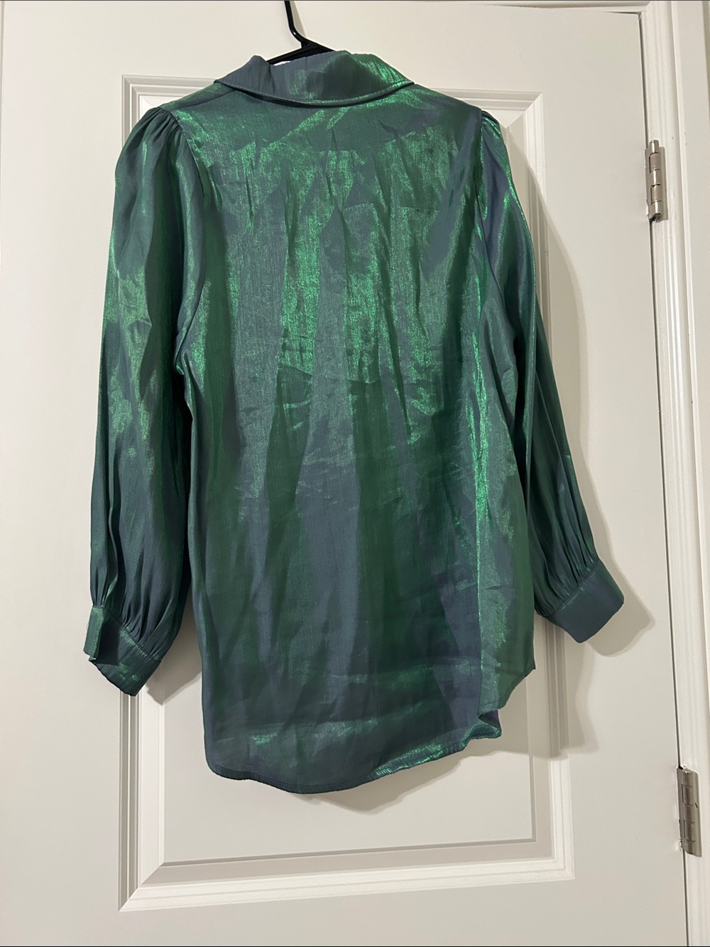 Metallic Green Long-Sleeve Button-Up Blouse - Picture 3 of 6